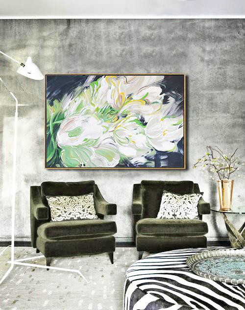 Abstract Painting Extra Large Canvas Art,Horizontal Abstract Flower Oil Painting,Large Living Room Decor White,Light Green,Grey,Black